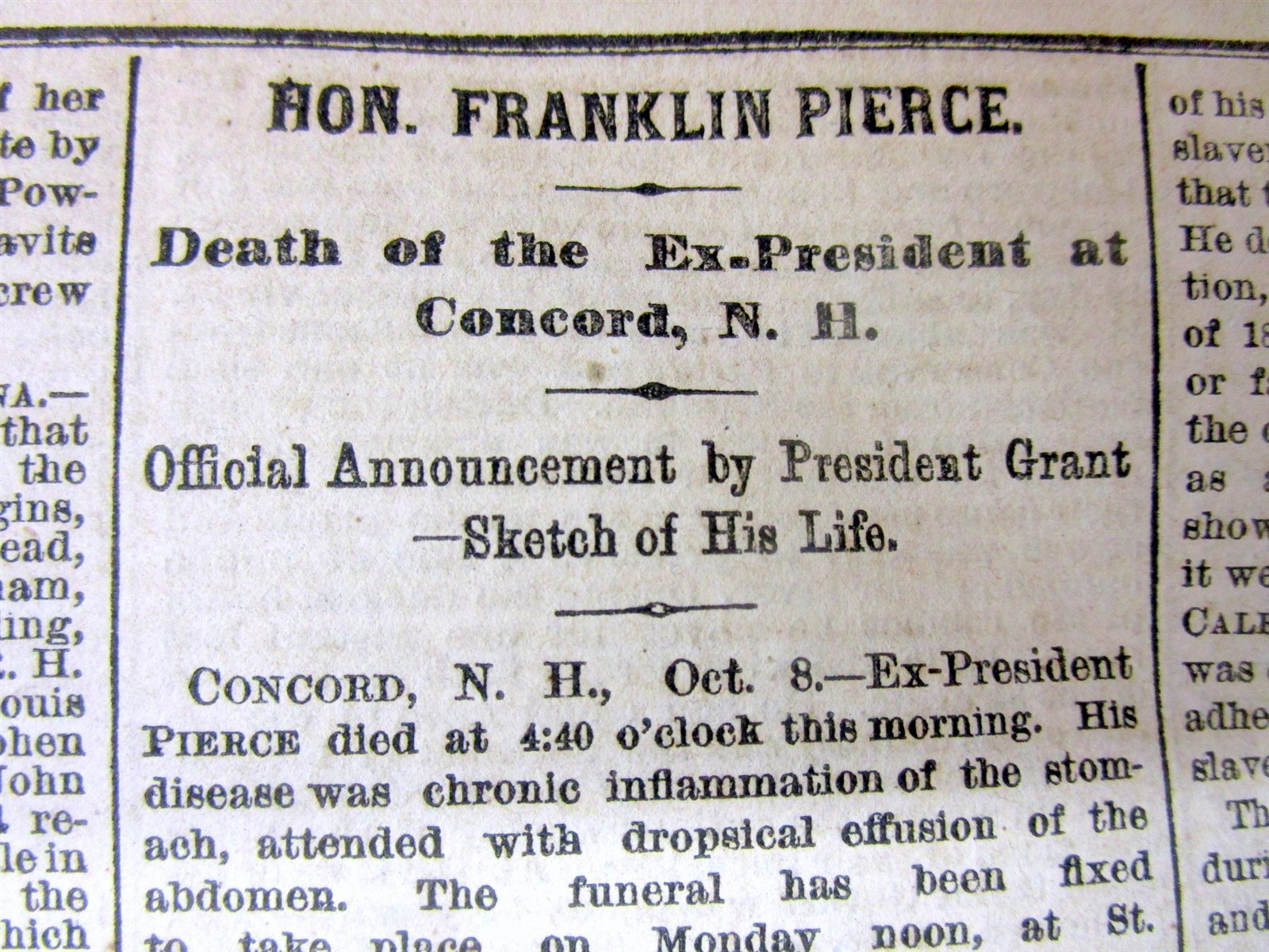 2 1869 NY Times newspapers with DEATH & FUNERAL of Ex-PRESIDENT FRANKLIN PIERCE