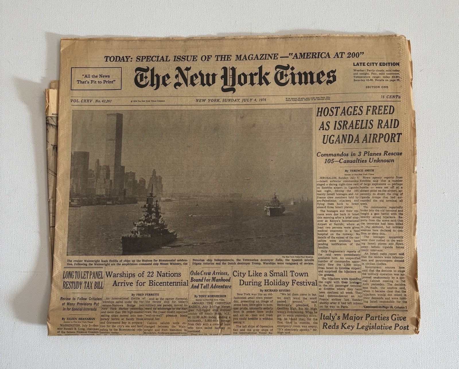 NY Times July 4 1976 Entebbe Raid Hostages Freed Bicentennial Issue