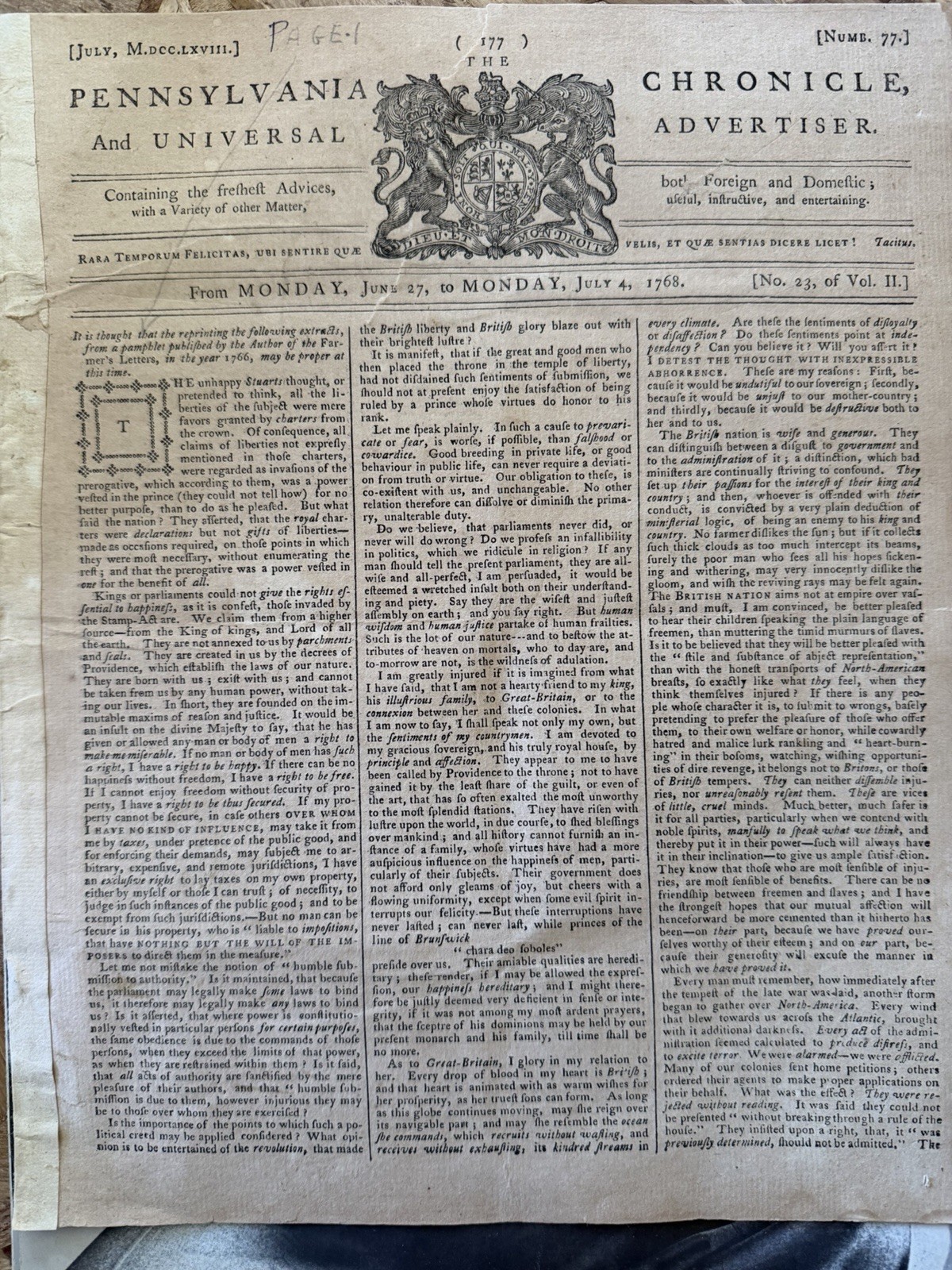 Pennsylvania Chronicle and Universal Advertiser Newspaper July 25–July 4, 1768