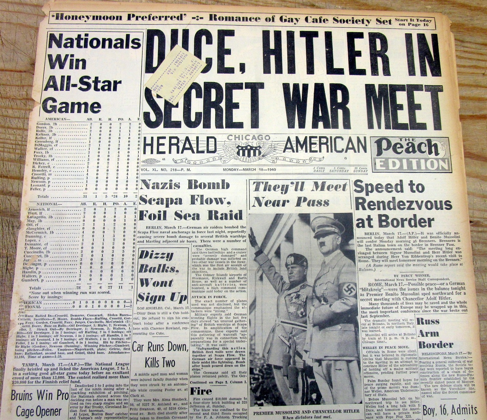1940 newspaper Hitler & Mussolini meet to discuss ITALY ‘s ENTRY into WW II