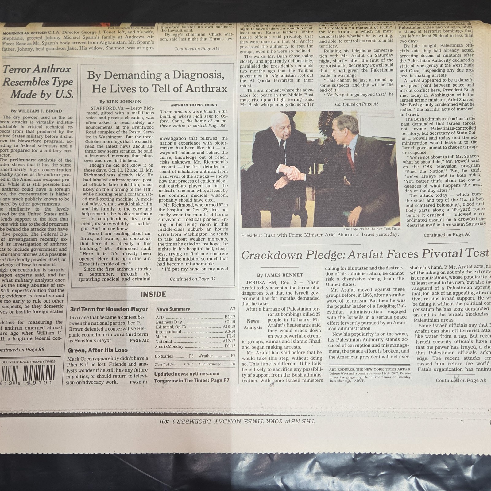 The New York Times December 3 2001 Newspaper Enron Bankruptcy Israel Attack