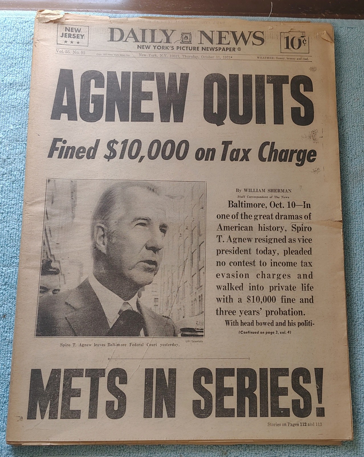 New York Daily News Jersey Oct 11 1973 Agnew Resigns Mets Pennant Yom Kippur War