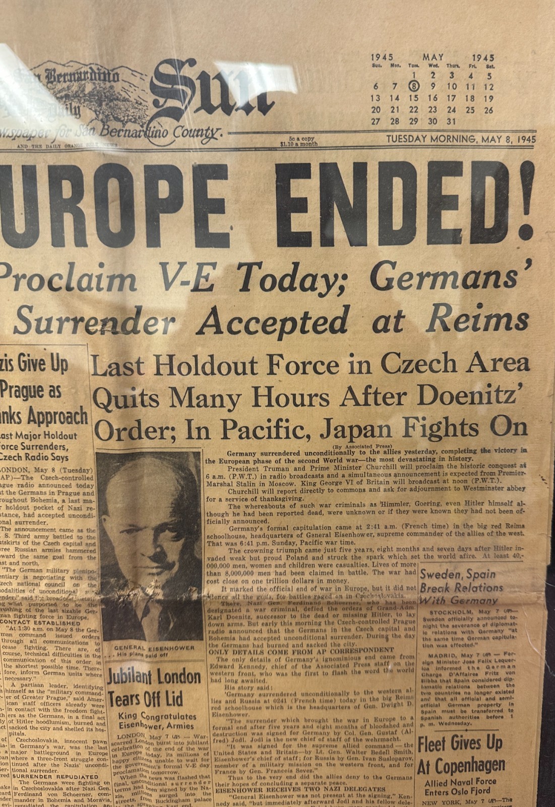Vintage Sun Newspaper – May 8, 1945, -War in Europe Ended!-Framed