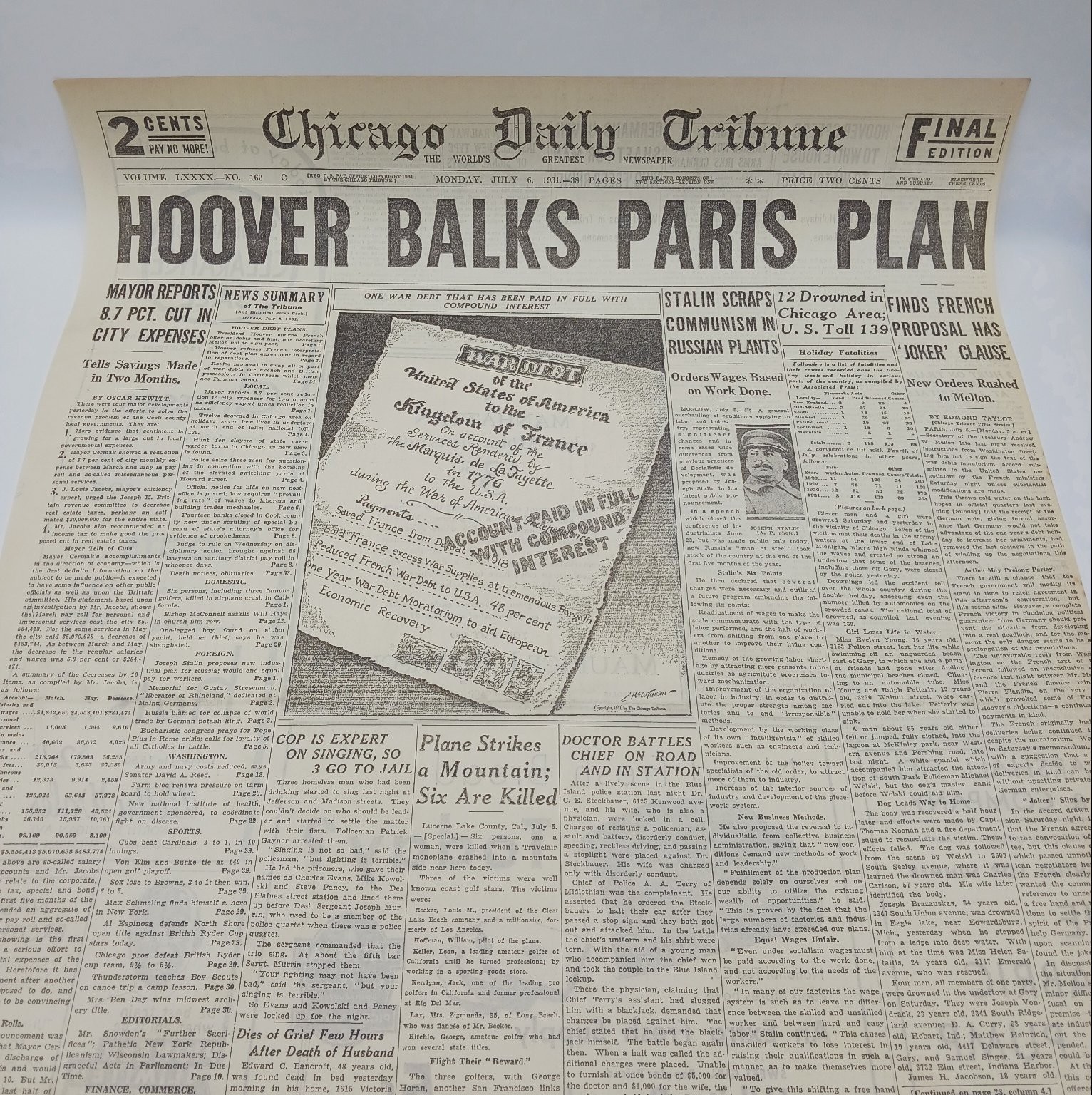 July 1931 Chicago Tribune Hoover Paris Plan Plane Crash Newspaper Page