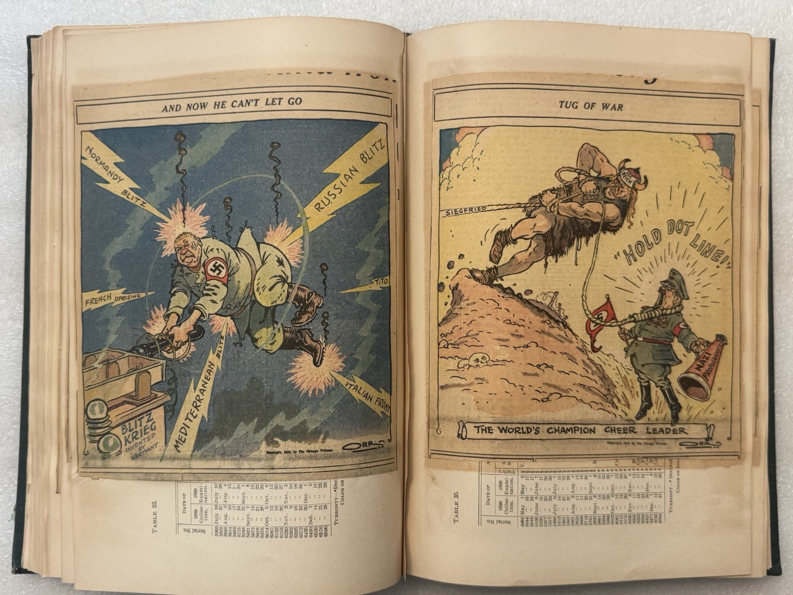 1944-1946 WW2 Newspaper Scrapbook Chicago Tribune Political Cartoon Hand Colored