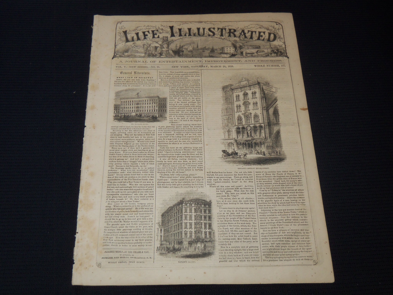 1858 MARCH 20 LIFE ILLUSTRATED NEWSPAPER TIFFANY’S JEWELRY ESTABLISHED – NP 5894