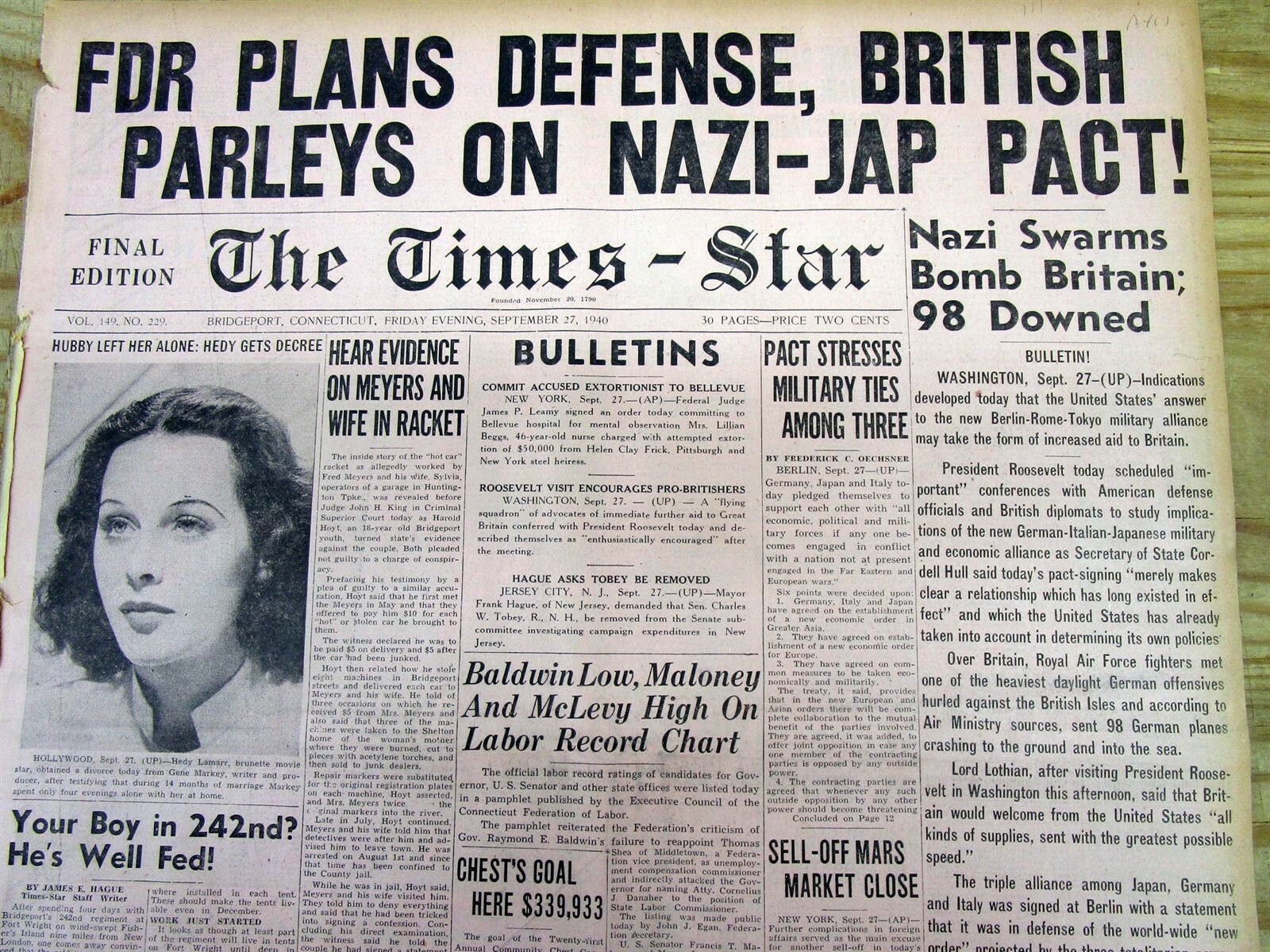 2 1940 WW II newspapers TRIPARTITE PACT joins GERMANY, ITALY, JAPAN intoTHE AXIS