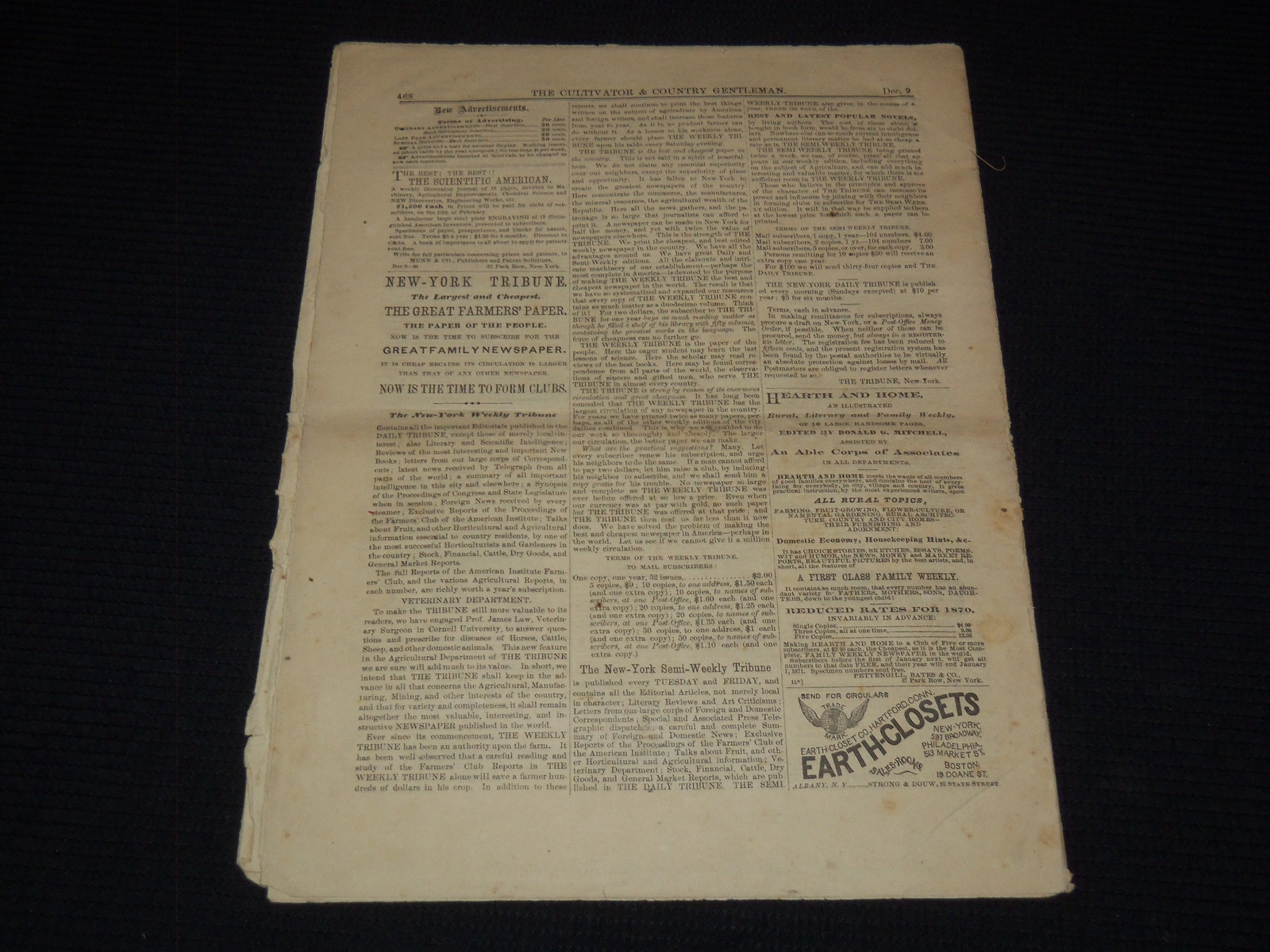 1869 DECEMBER 9 THE CULTIVATOR COUNTRY GENTLEMAN MAGAZINE – ALBANY NY – NP 4252Q
