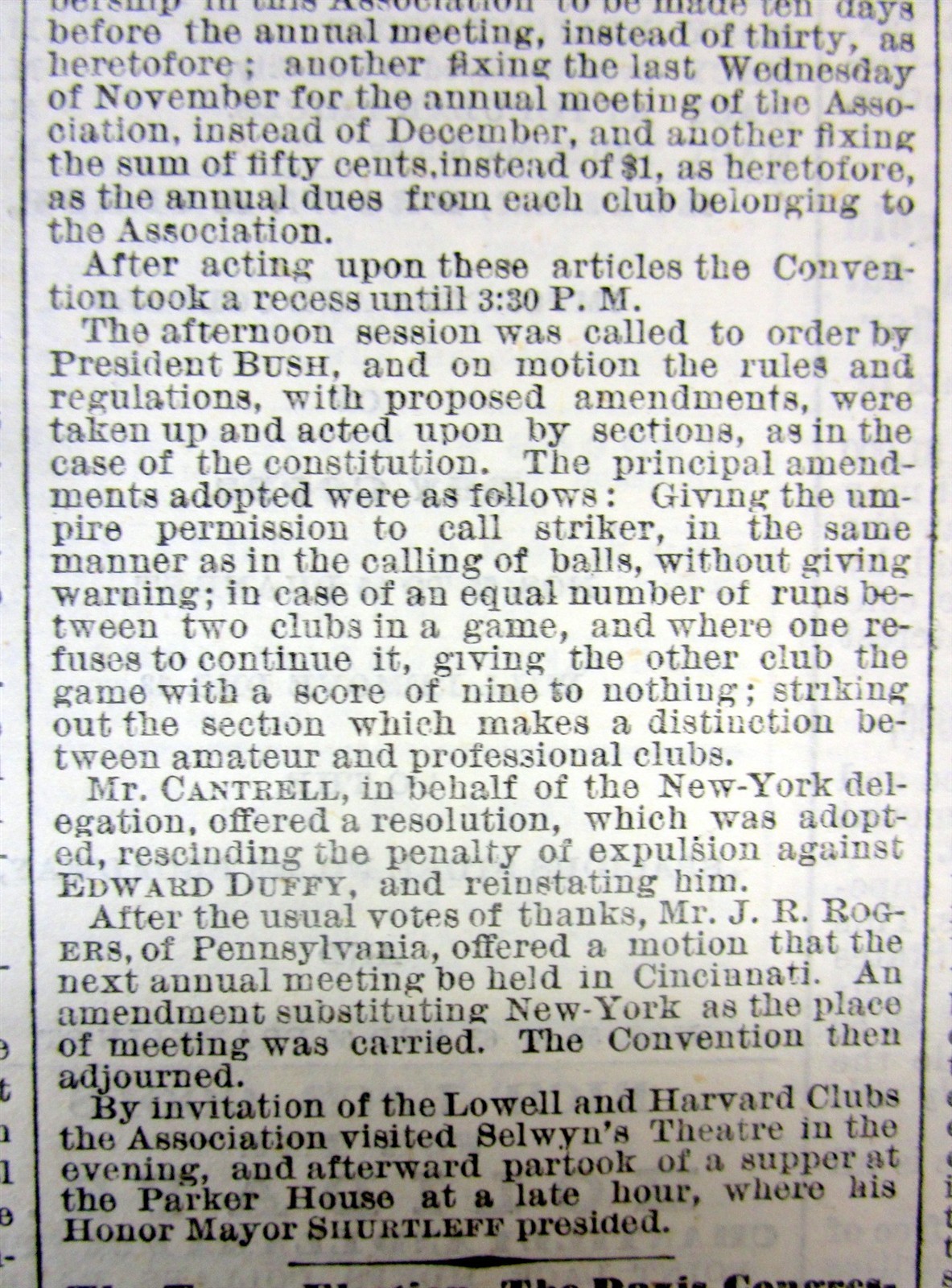1869 NY Times newspaper w ORGANIZATION / FORMATION ofTHE 1st PRO BASEBALL LEAGUE