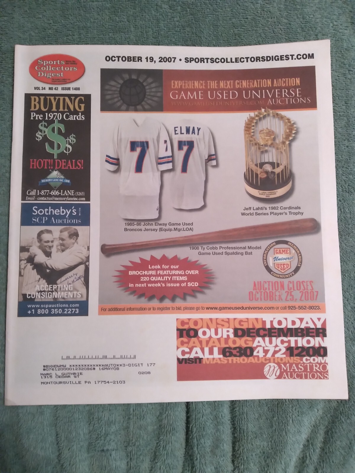 Oct 19, 2007 Sports Collectors Digest Cleveland Indians HOF Pitcher Bob Feller