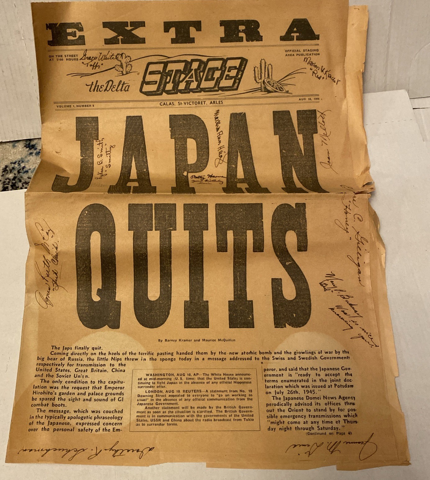 Extra The Delta Stage WWII WW2 SIGNED X11 August 10 1945 Extra Japan Quits