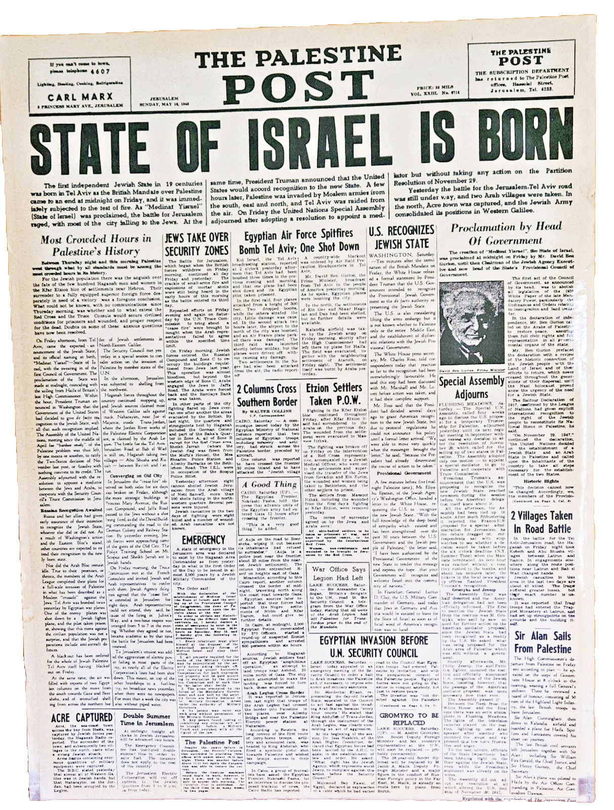 Palestine Post The State of Israel is Born 1948 LAMINATED