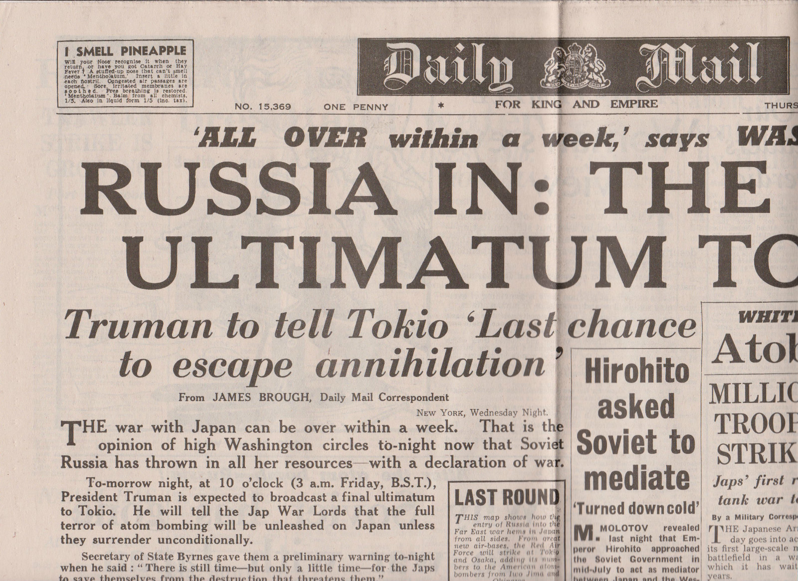WW2 Newspaper Russia Joins War Against Japan August 9 1945 Daily Mail