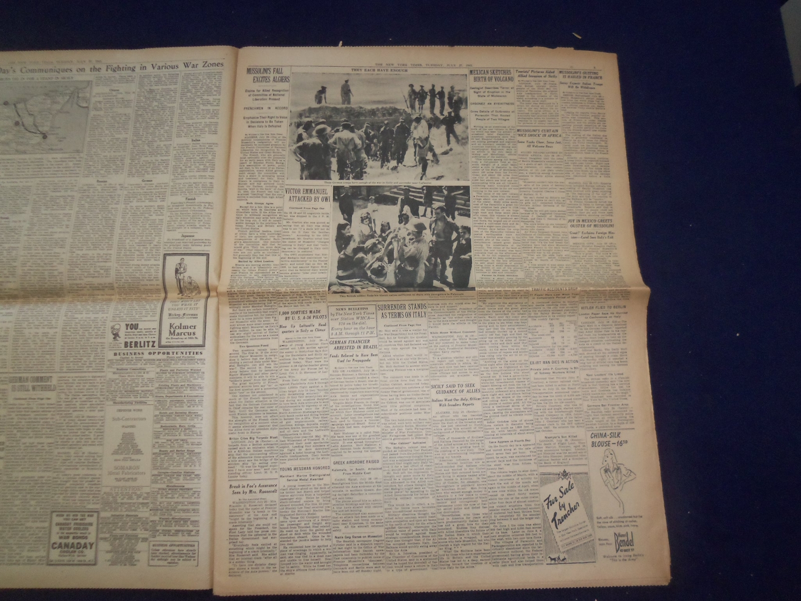 1943 JULY 27 NEW YORK TIMES – ITALY PUT UNDER MARTIAL LAW BY BADOGLIO – NP 6546