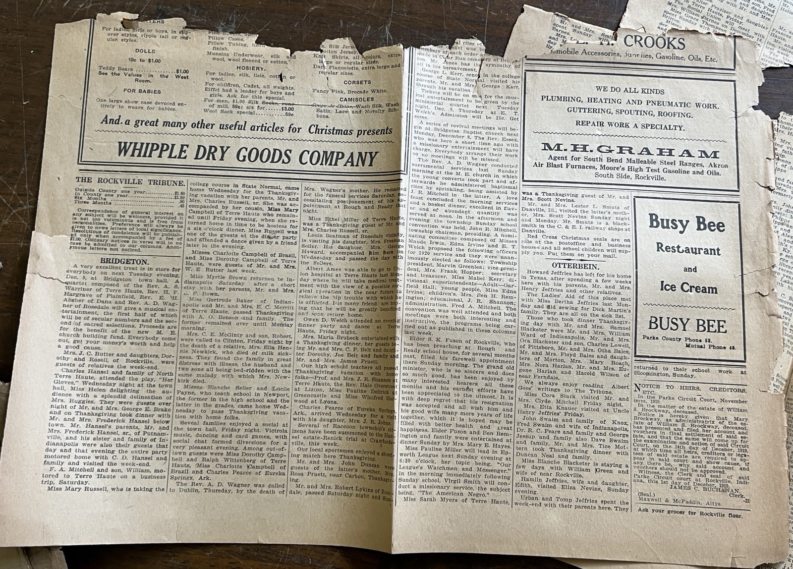 Vintage Rockville Tribune Newspaper Rockville Indiana December 2 1919 Rare