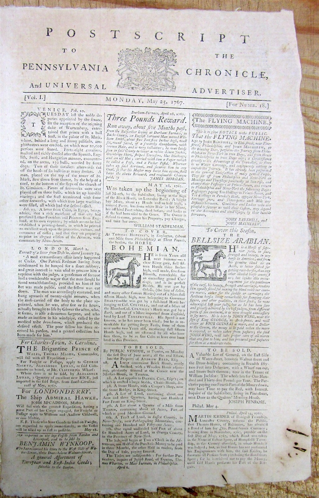 1767 Colonial PHILADELPHIA newspaper & extra WILLIAM PENN founding PENNSYLVANIA