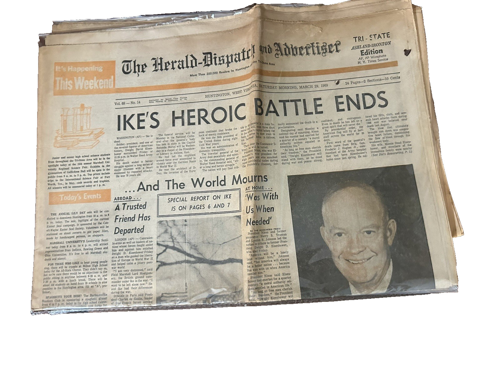 VARIOUS Newspaper March 28 1969 DWIGHT EISENHOWER DEATH & FUNERAL 5 COPIES