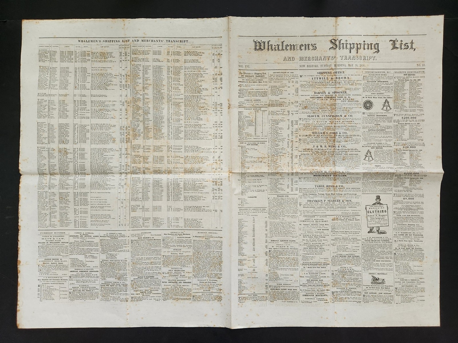 1858 antique WHALEMEN’S SHIPPING LIST NEWSPAPER new bedford ma May18 sperm whale