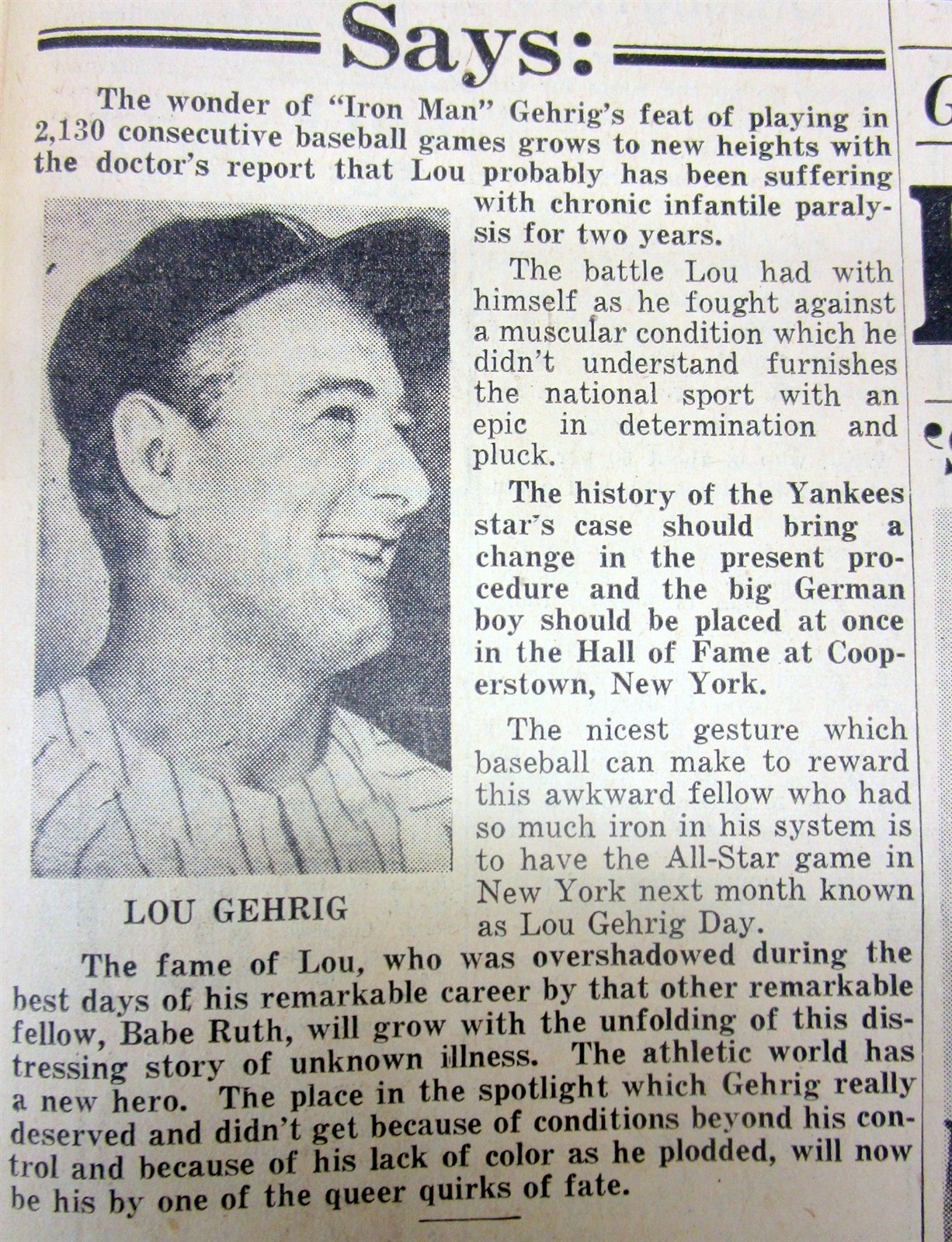 1939 display newspaper LOU GEHRIG DIAGNOSED WITH FATAL DISEASE & QUITS BASEBALL
