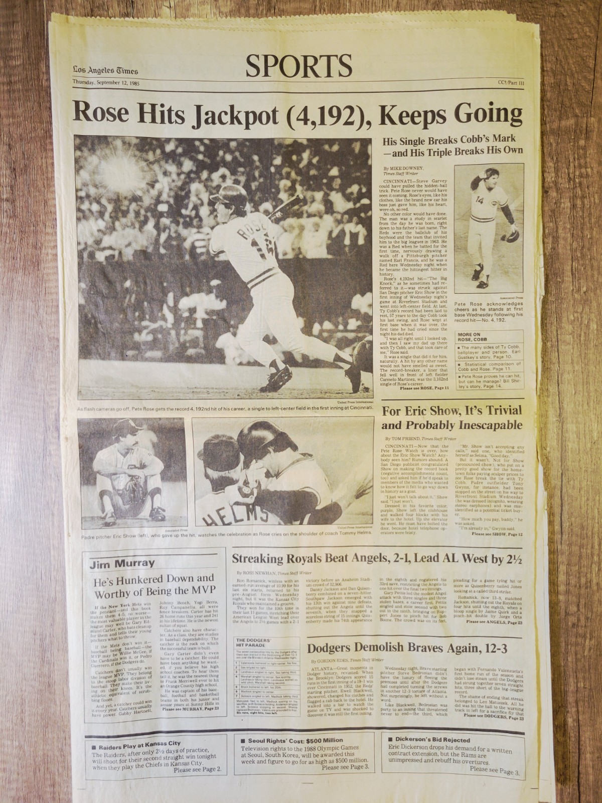 1985 Sep 12: LA Times Sports MLB Reds Pete Rose Breaks Hit Record Passes Ty Cobb