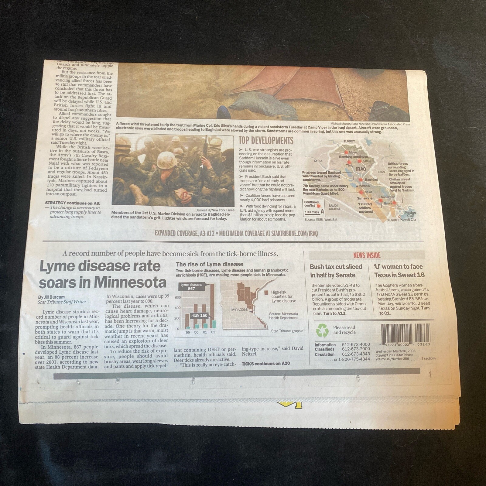 Historic Minnesota Star Tribune March 26, 2003 Iraq War – Section A ONLY