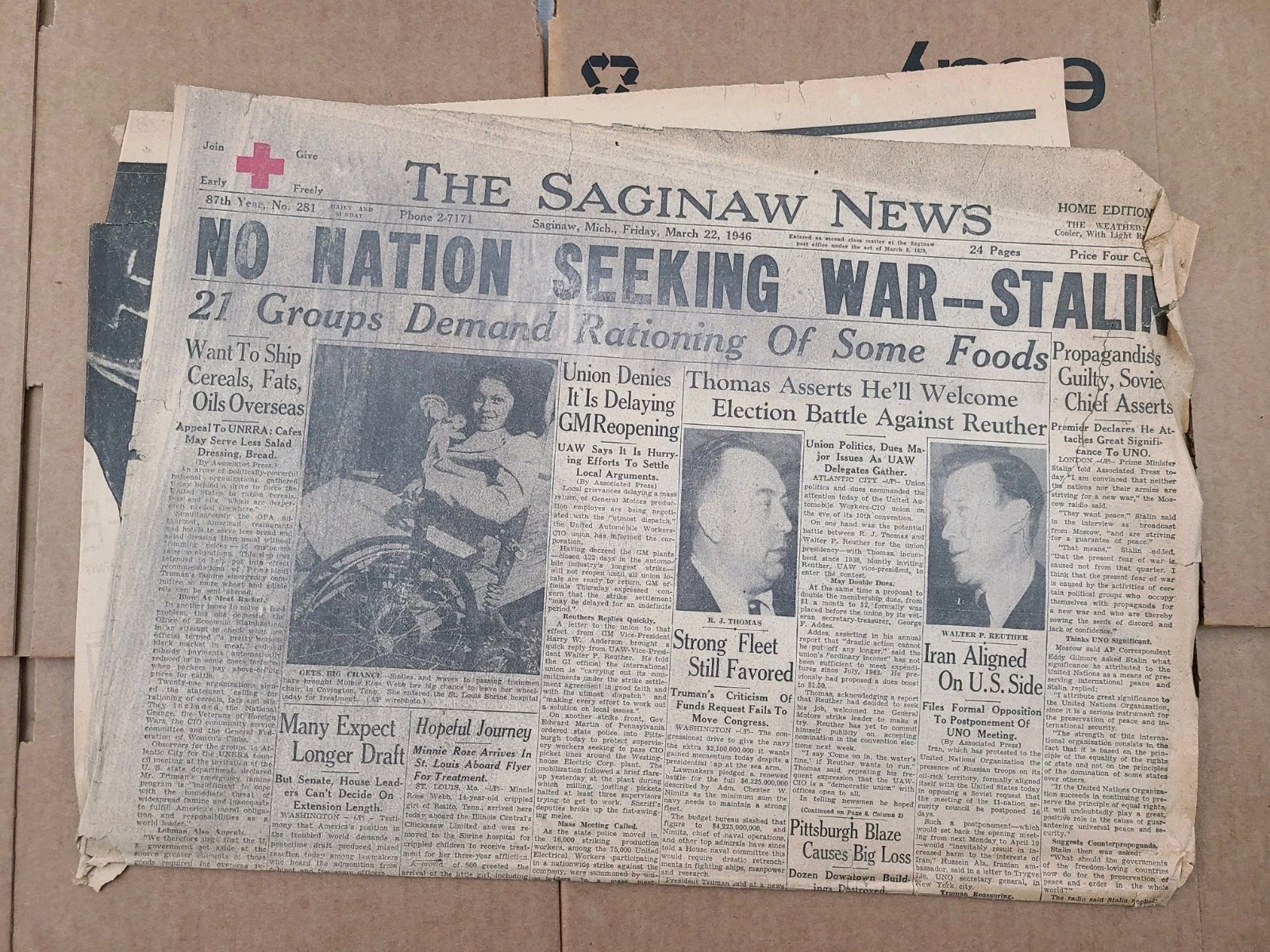 No Nation Seeking War, Stalin Post World War II 1946 Saginaw Michigan Newspaper