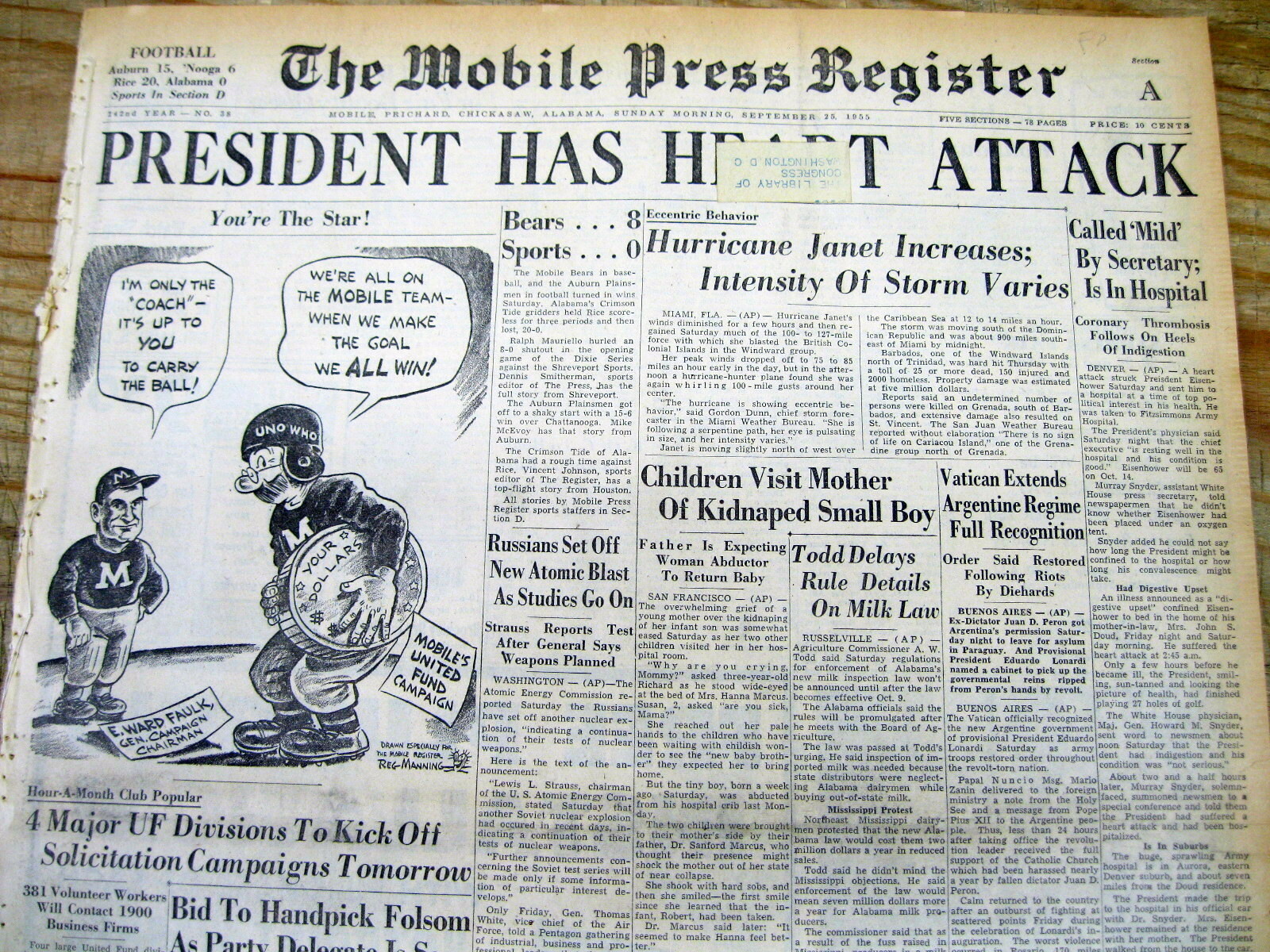 1955 headline newspaper PRESIDENT DWIGHT D EISENHOWER suffers a HEART ATTACK