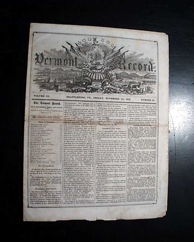 Rare BRATTLEBORO VT Windham County Town Vermont w/ Nice Masthead 1865 Newspaper