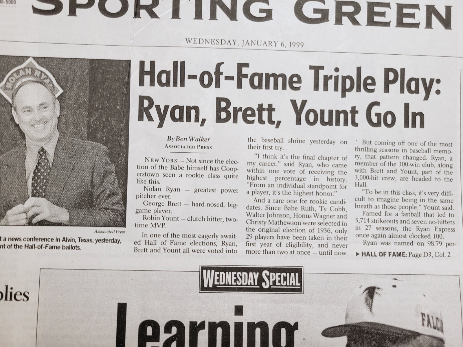 1999 Jan 6: MLB Hall of Fame NOLAN RYAN, ROBIN YOUNT, GEORGE BRETT! SF Chronicle