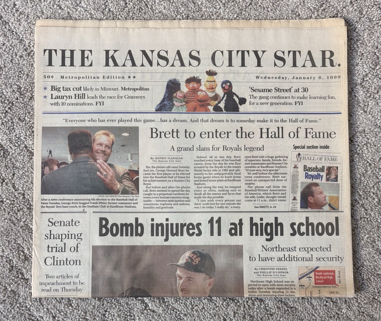 Kansas City Star Newspaper George Brett Elected to the Hall of Fame, Jan 6, 1999