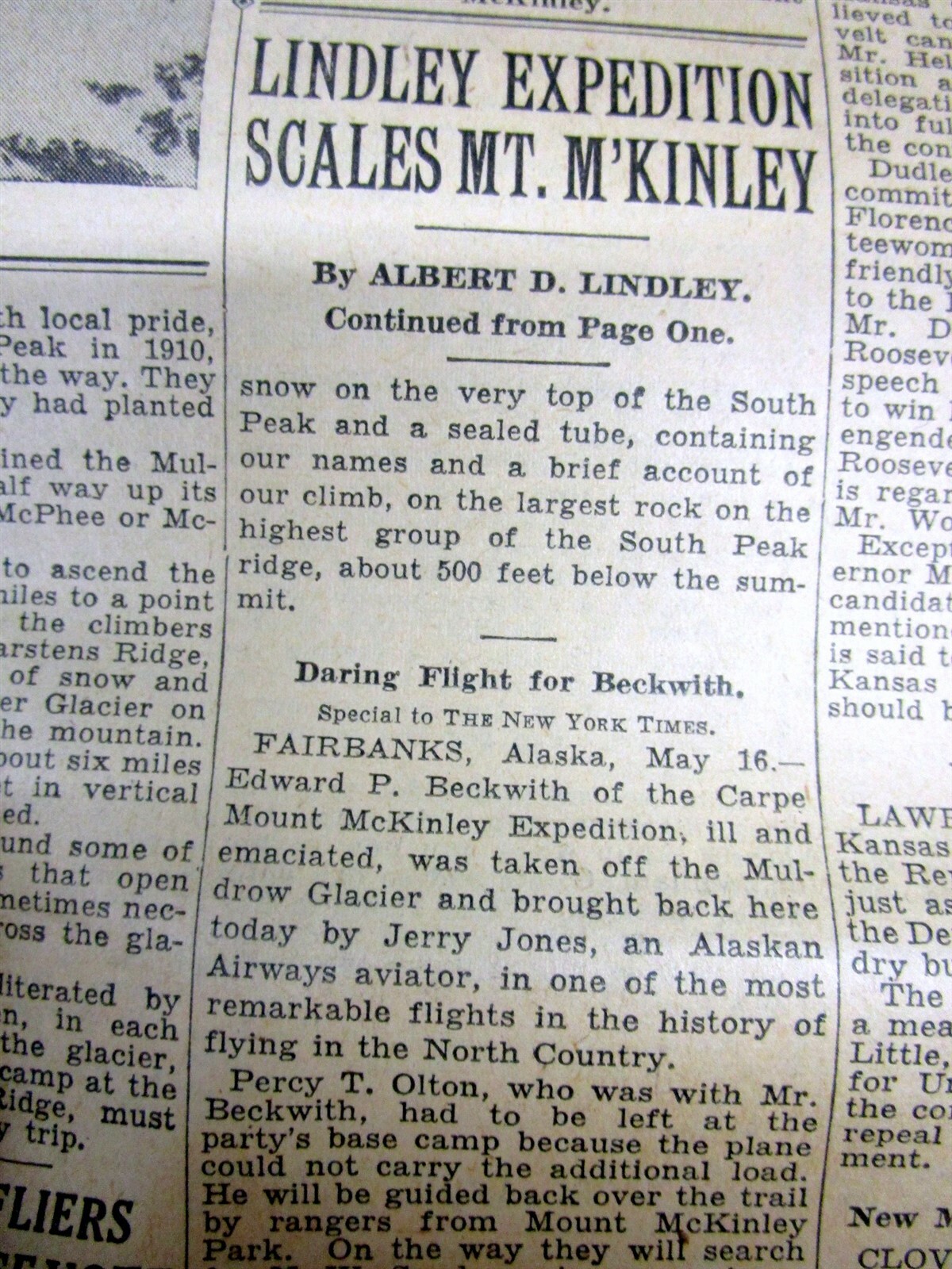 1932 NY Times newspaper LINDLEY EXPEDITION CLIMBS MT McKINLEY in Alaska DENALI
