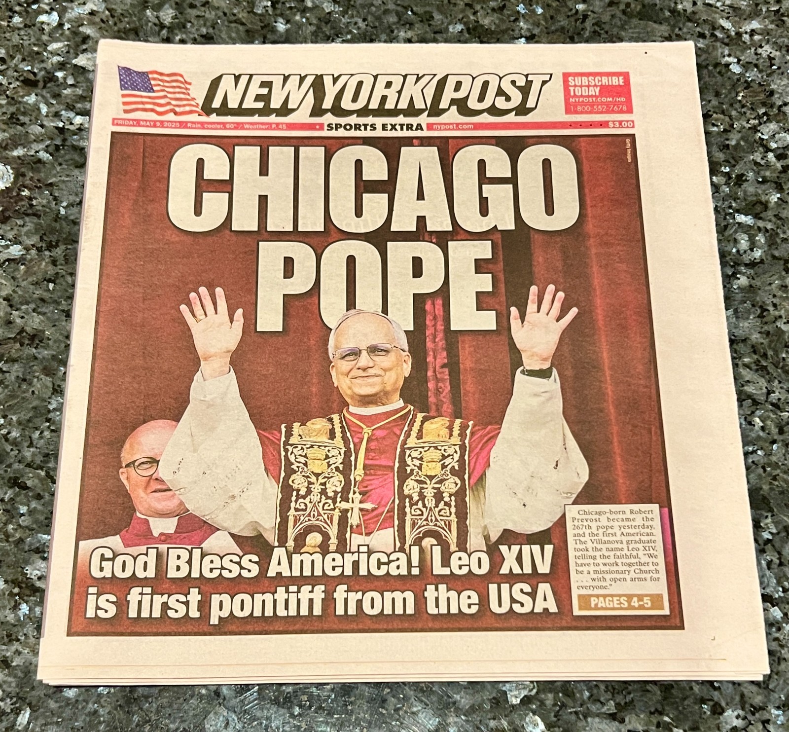 NEW YORK POST NEWSPAPER CHICAGO POPE – POPE LEO XIV FIRST USA BORN POPE – 5/9/25