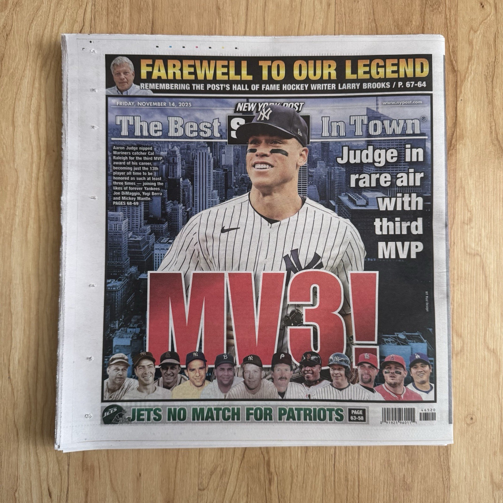 11/14/2025 NEW YORK POST MV3 AARON JUDGE MVP YANKEES NEWSPAPER NY COVER BASEBALL