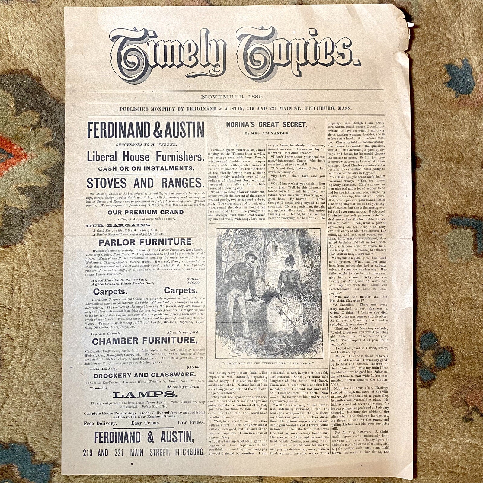 Antique 1889 Timely Topics Fitchburg MA Old 1880’s Newspaper Ads Articles Paper