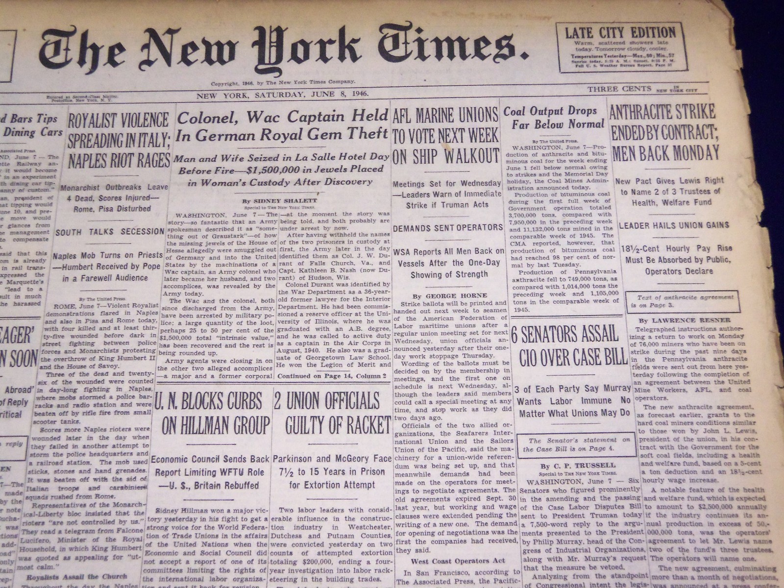 1946 JUNE 8 NEW YORK TIMES NEWSPAPER – ANTHRACITE STRIKE ENDED – NT 2697