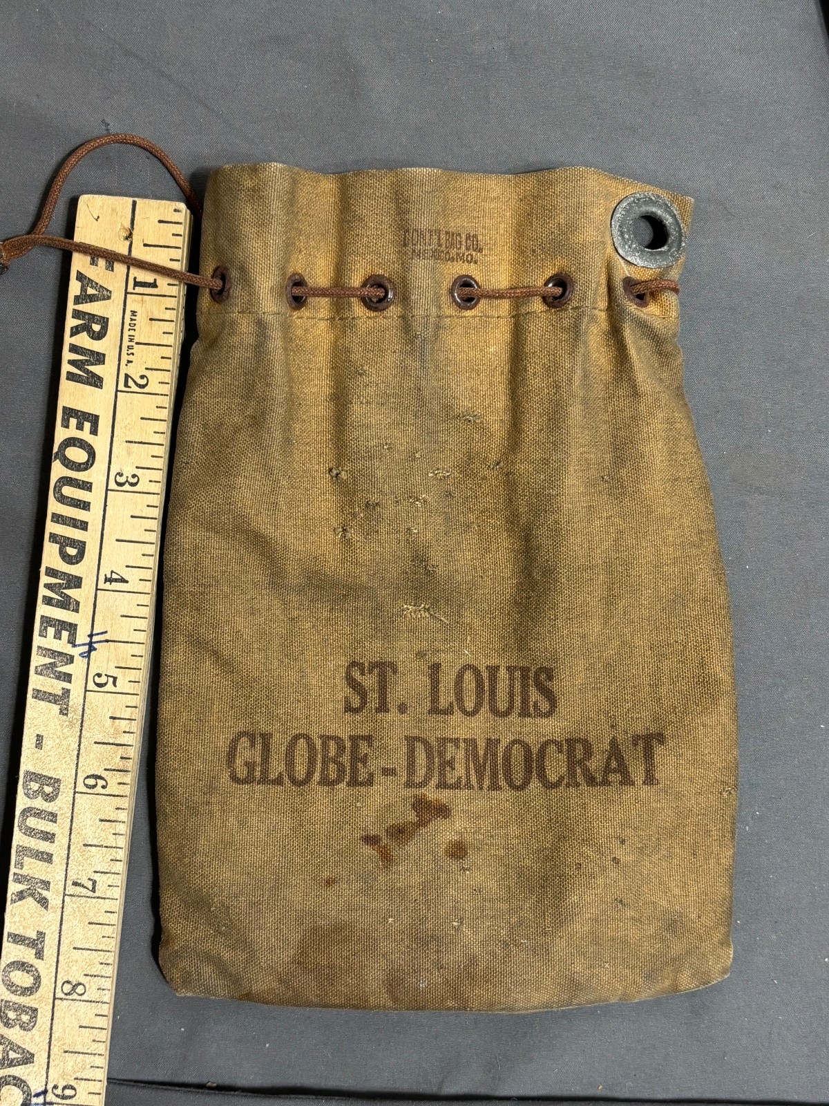 Vintage St. Louis GLOBE DEMOCRAT Newspaper boy canvas COIN BAG Drawstring LOOP