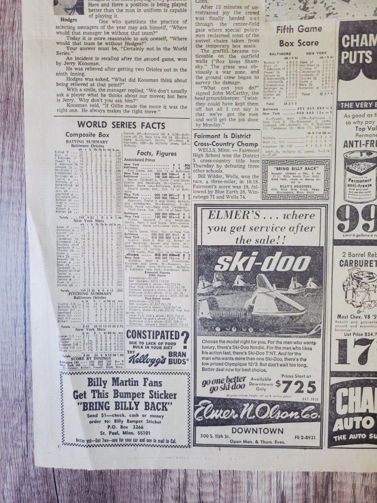 1969 Oct 17: Minneapolis Tribune Sports NY Mets Win World Series! MLB Baseball