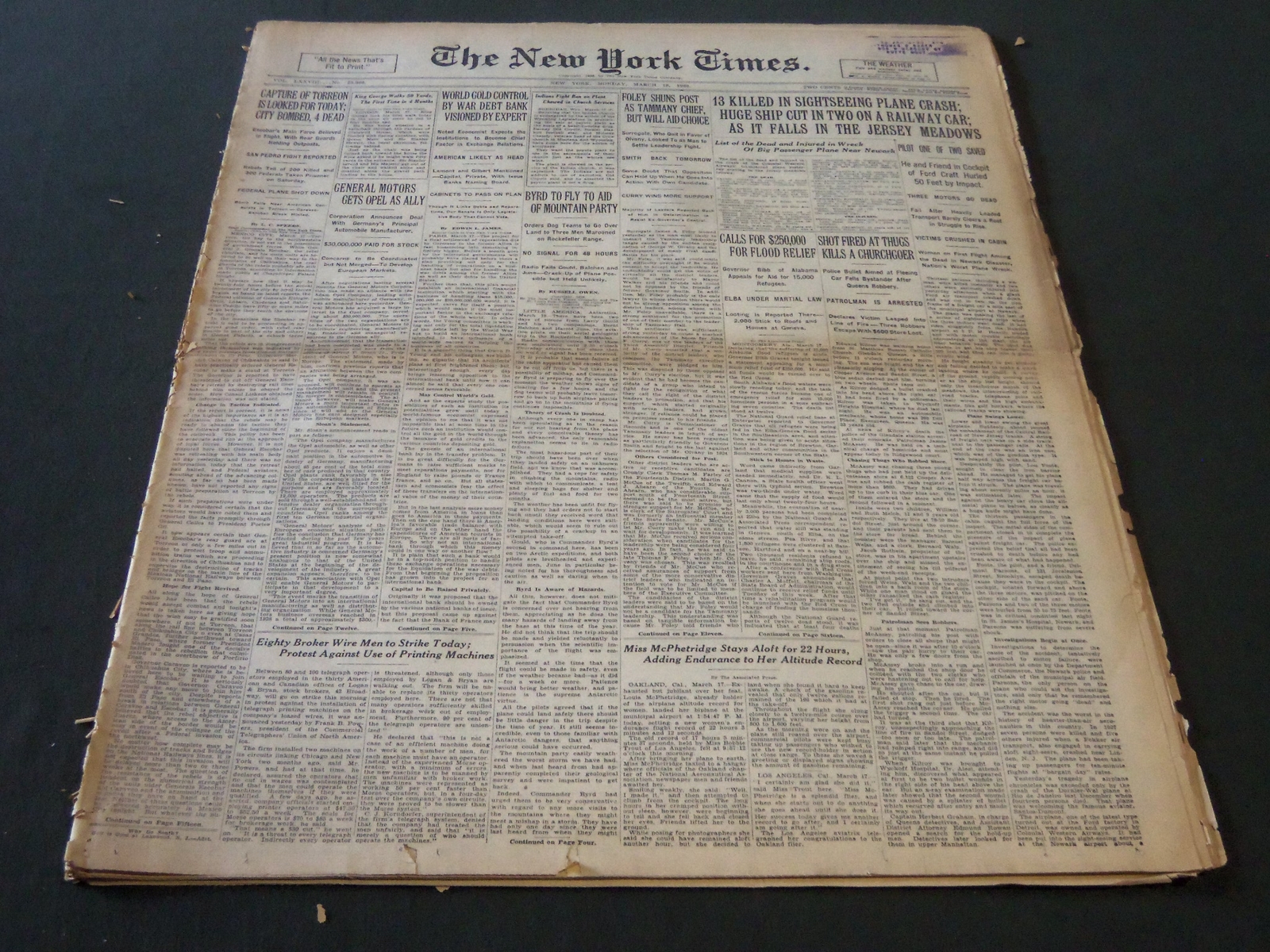 1929 MARCH 18 NEW YORK TIMES – 13 KILLED SIGHTSEEING PLANE CRASH – NT 6631