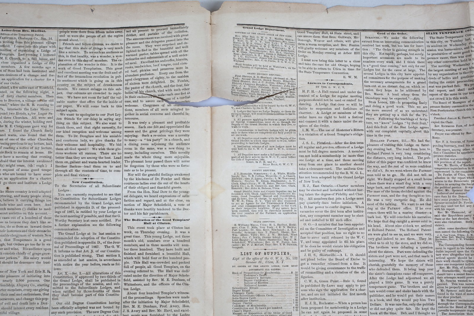 Antique 1868 Newspaper The Temperance Patriot Utica New York Prohibition
