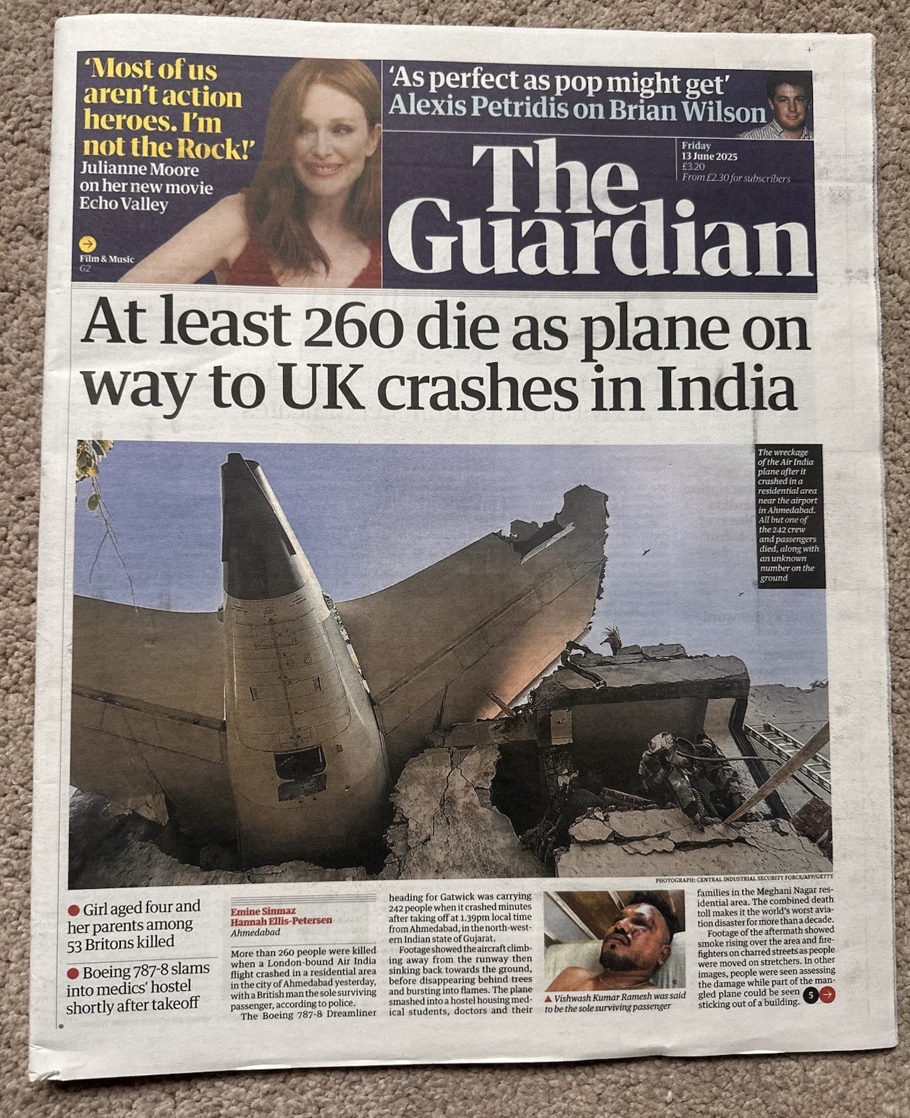 The Guardian 13th June 2025 13/6/25 Brit Survivor On Air India Plane Crash