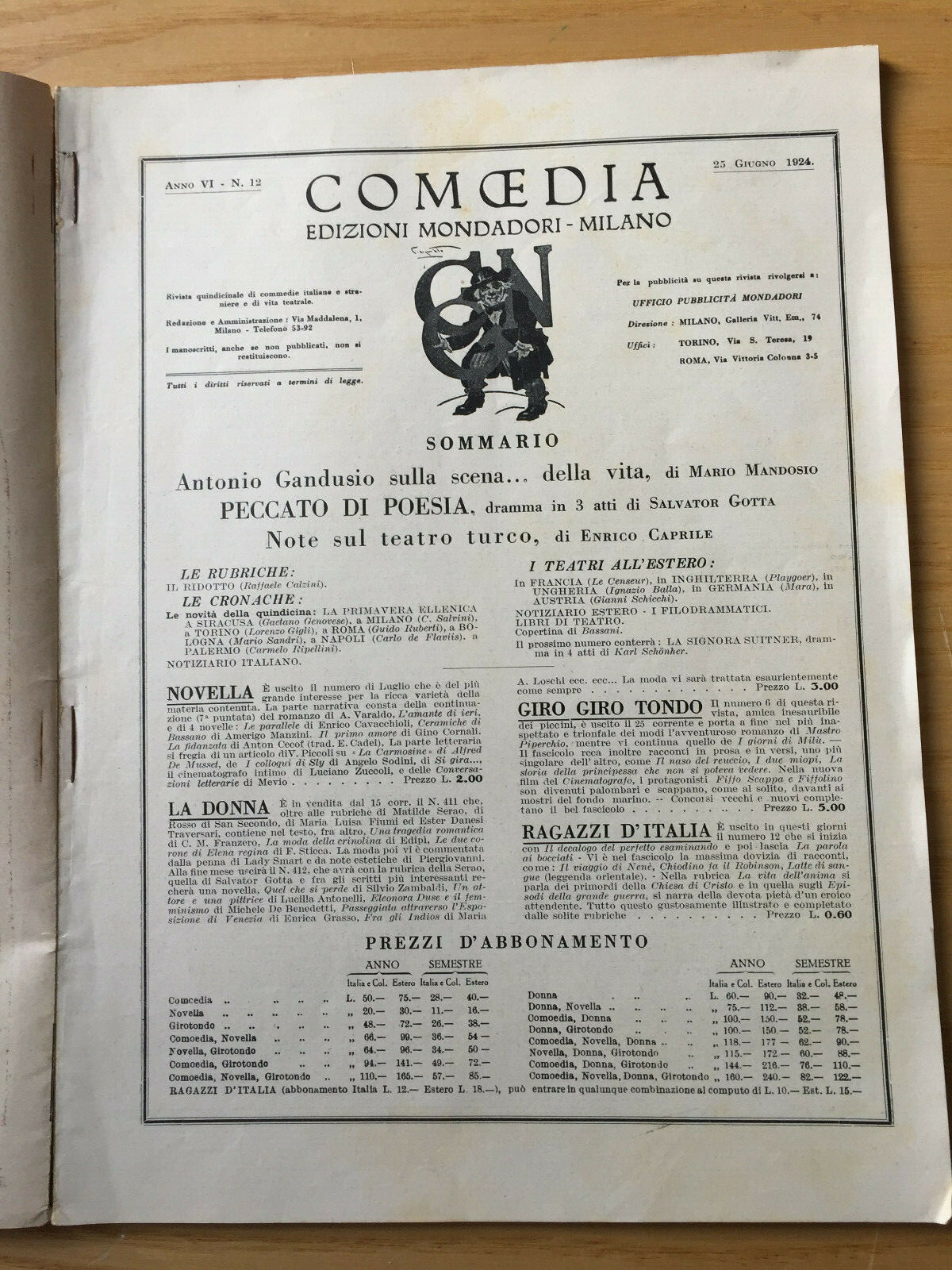 MONDADORI COMEDIA PERIODICO COMEDIA E VITA THEATRALE N° 12 1924 A. GANDUSIO