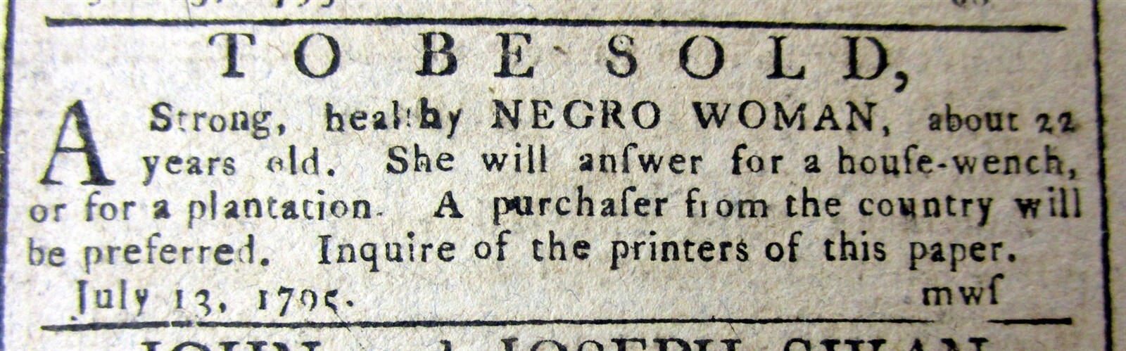 1795 Baltimore MD newspaper w 2 NEGR0 SLAVE FOR SALE ADS + the JAY TREATY SIGNED