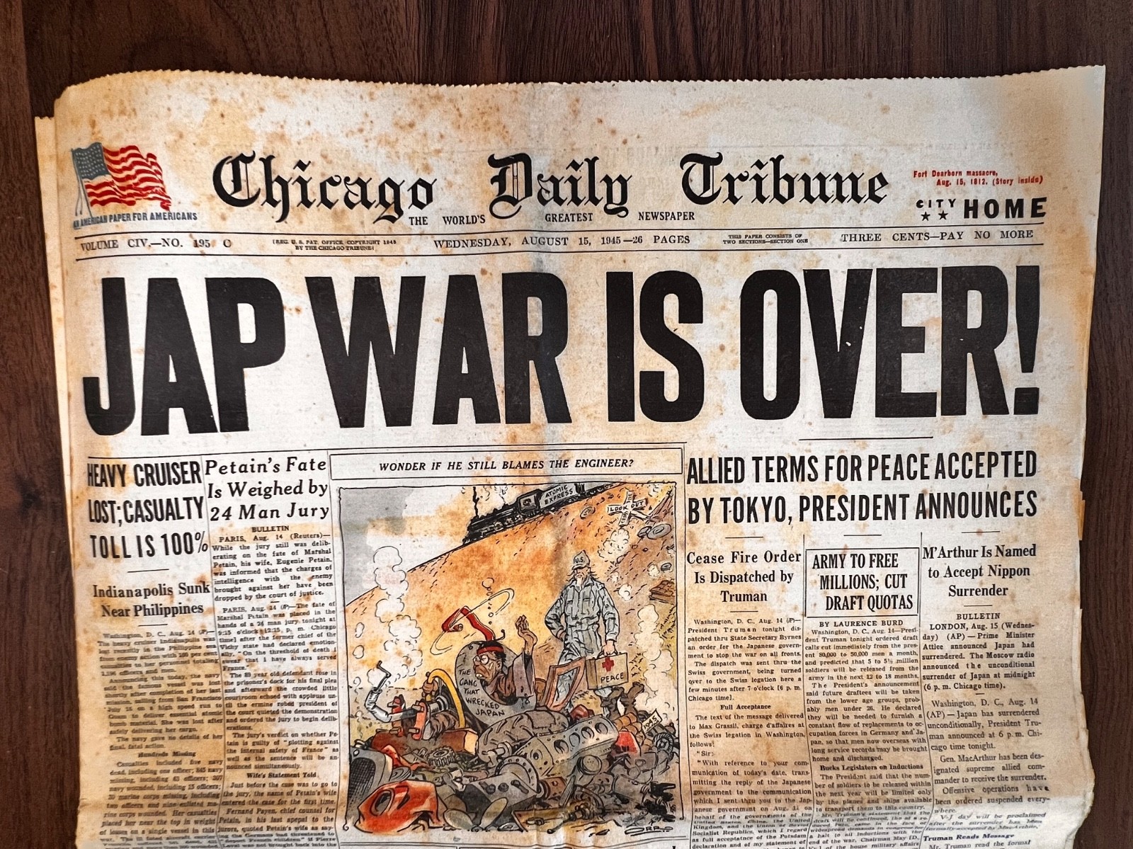 8/15/1945 Chicago Daily Tribune ORIGINAL V-J Day Newspaper “Jap War Is Over!”