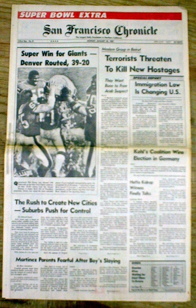 1987 newspaper NEW YORK GIANTS win FOOTBALL Super Bowl XXI over DENVER BRONCOS