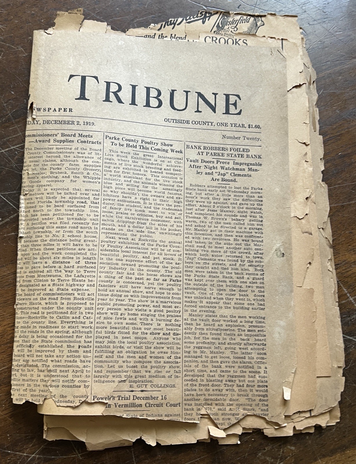 Vintage Rockville Tribune Newspaper Rockville Indiana December 2 1919 Rare
