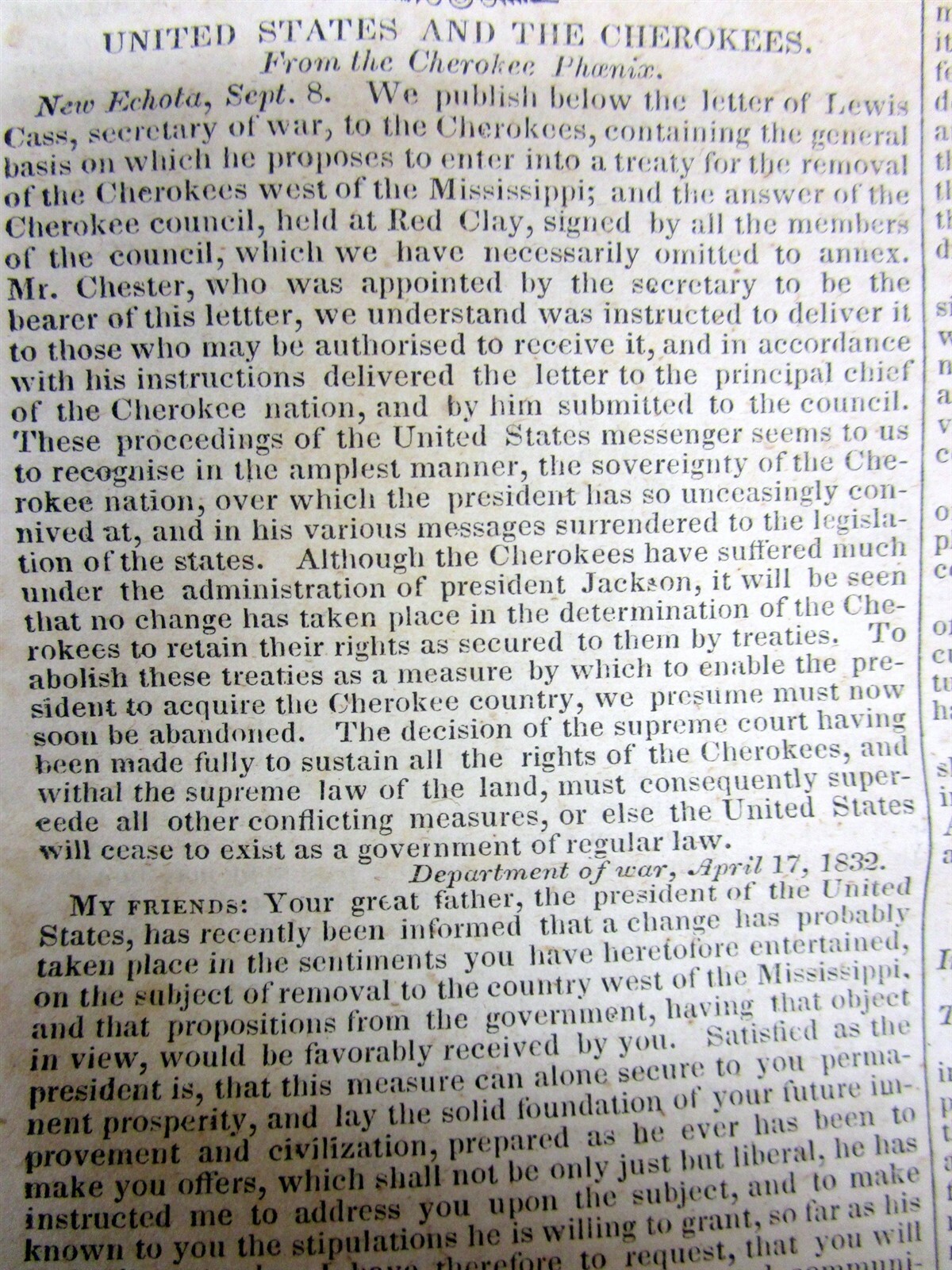1832 newspaper INDIAN REMOVAL POLICY by President ANDREW JACKSON in GREAT DETAIL