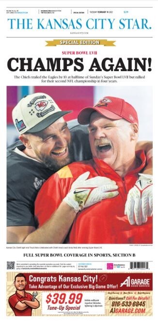 Chiefs Super Bowl Champions Win Newspaper “Kansas City Star” 2/14/23 Mahomes MVP