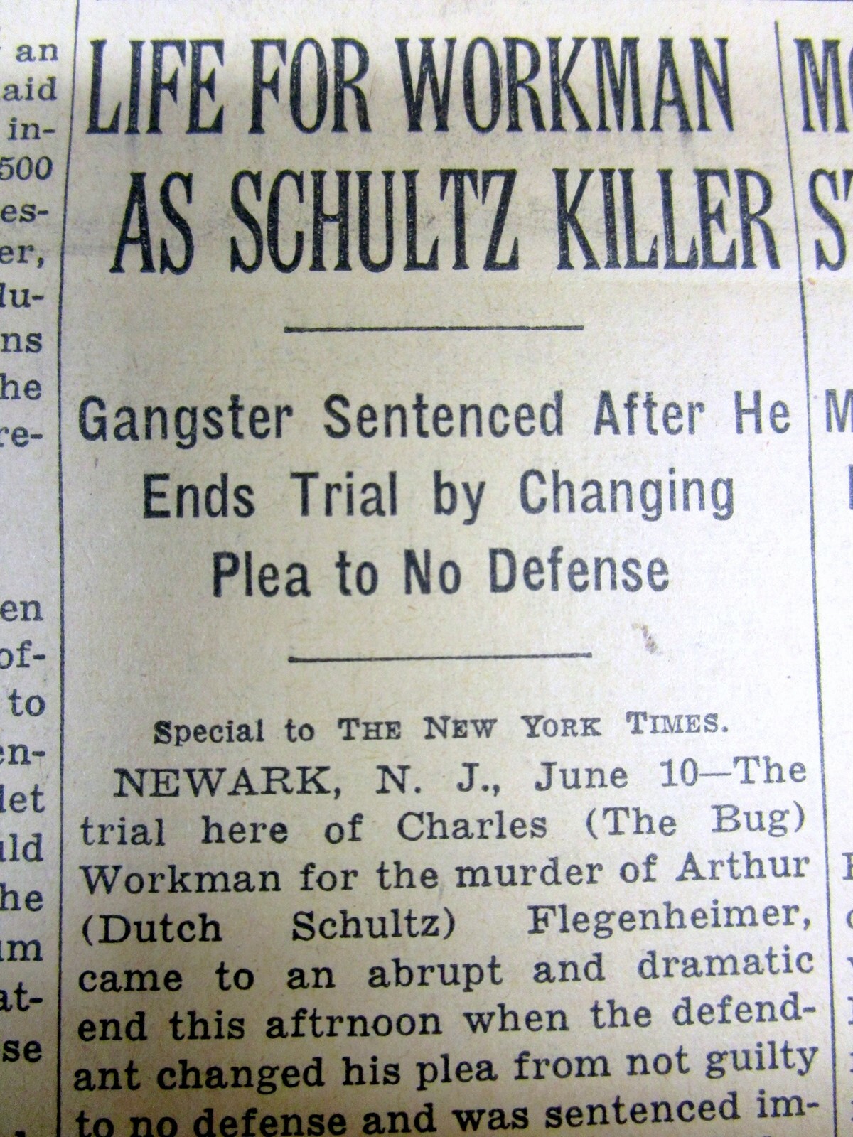 1941 newspaper DUTCH SHULTZ ASSASSIN SENTENCED 2 LIFE n PRISON Prohibition Gang