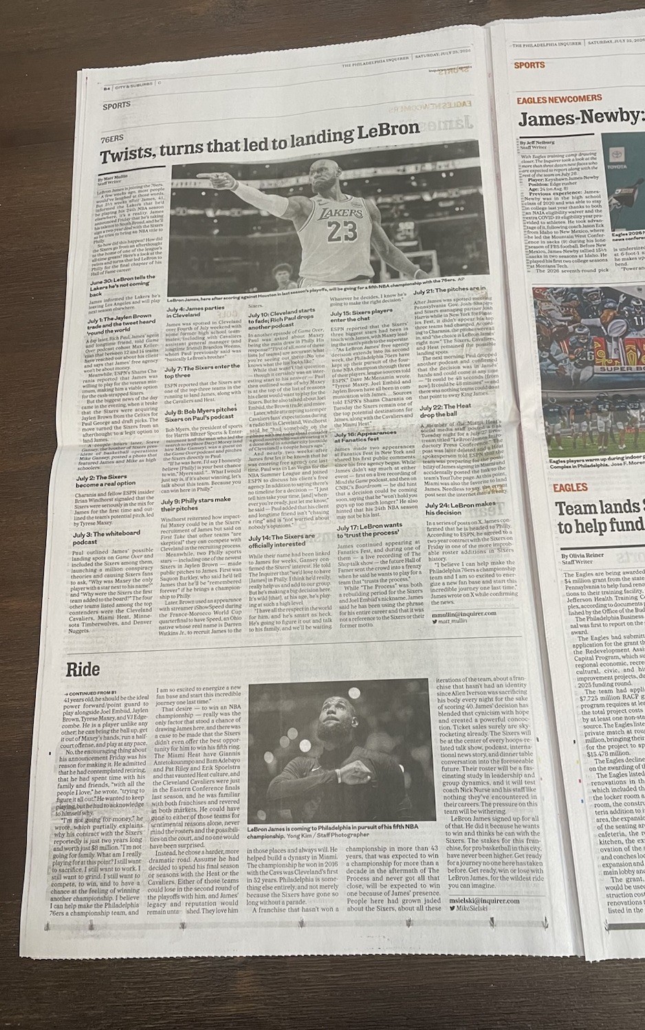 LeBron James Philadelphia 76ers Philadelphia Inquirer Newspaper Sixers 7/25/26