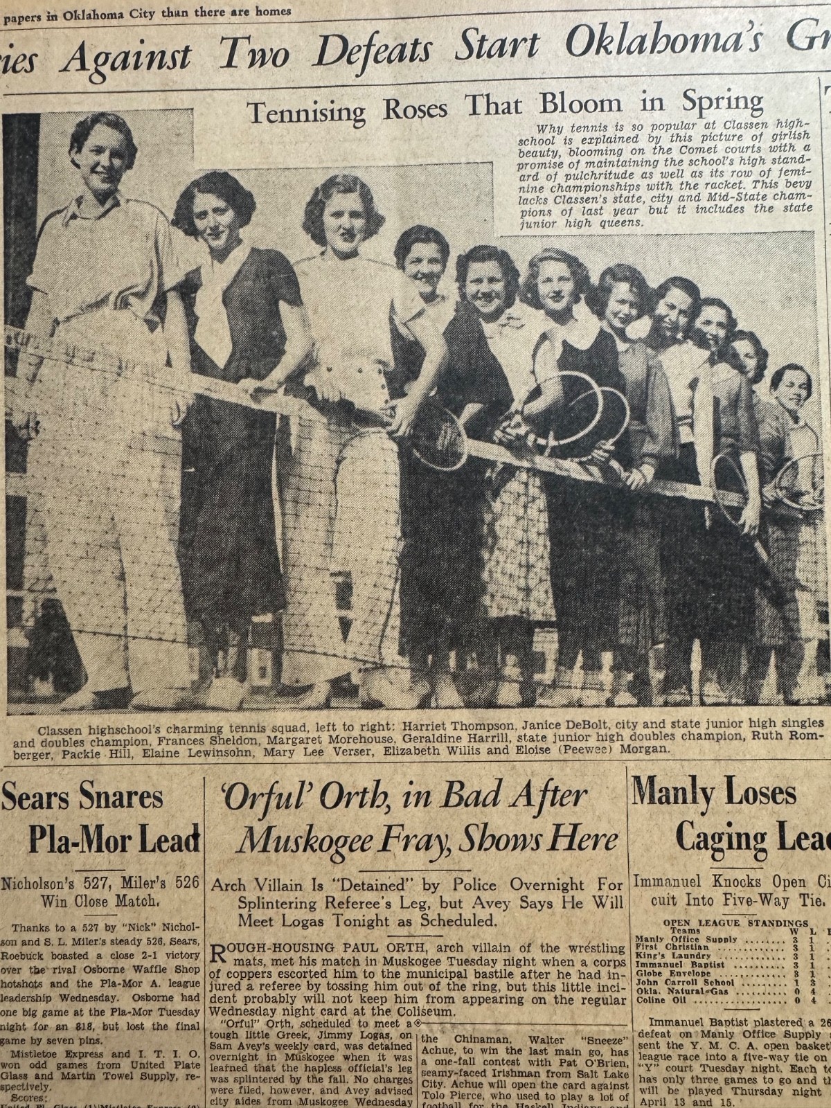 1933 CLASSEN HIGHSCHOOL OKLA. CITY GIRLS TENNIS TEAM NEWSPAPER PAGE